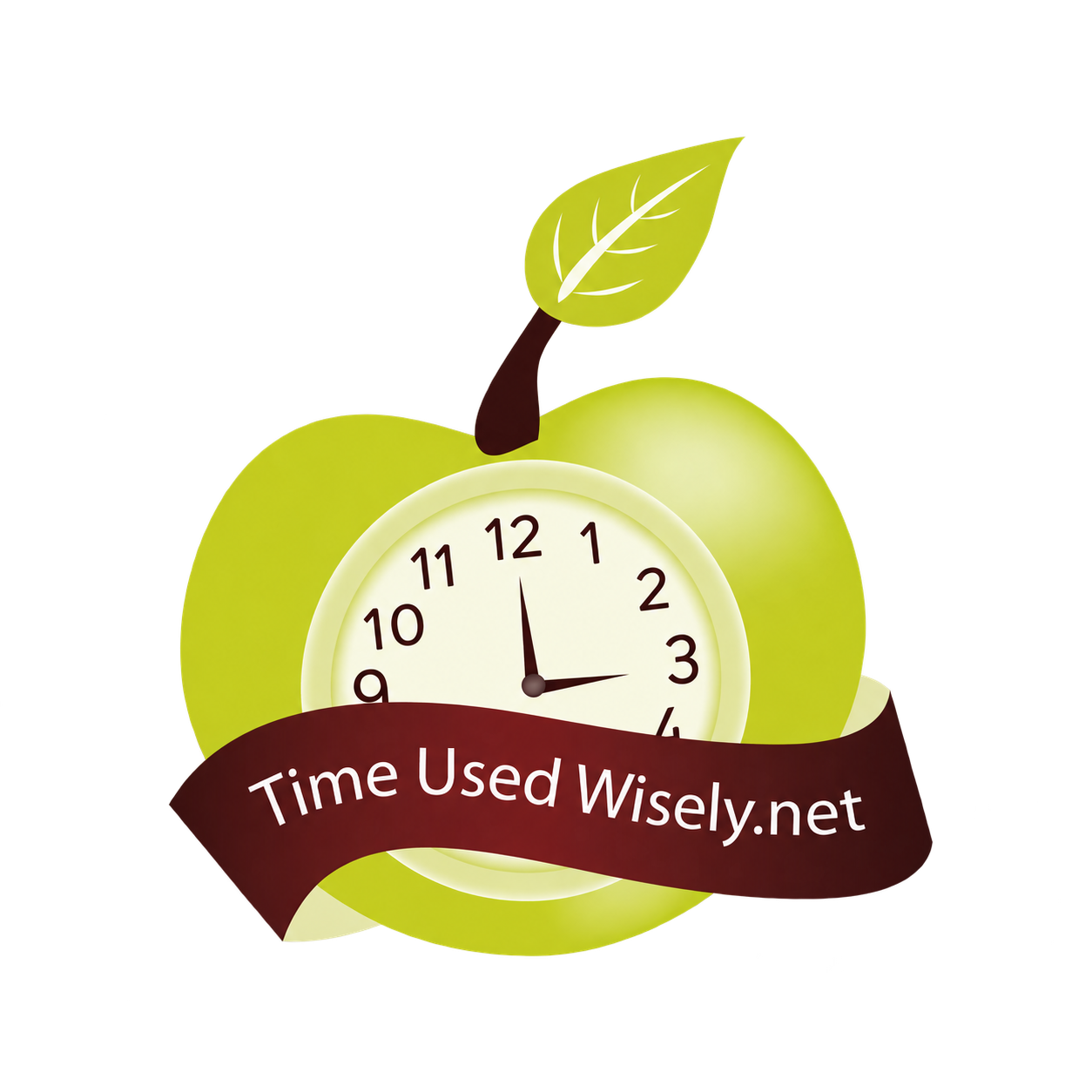 Time Used Wisely logo: a green apple with a clock face and a ribbon reading Time Used Wisely dot net