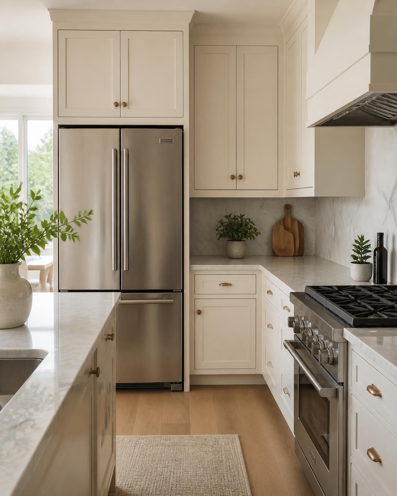 Kitchen with stainless refrigerator and range beside cream cabinetry and marble counters