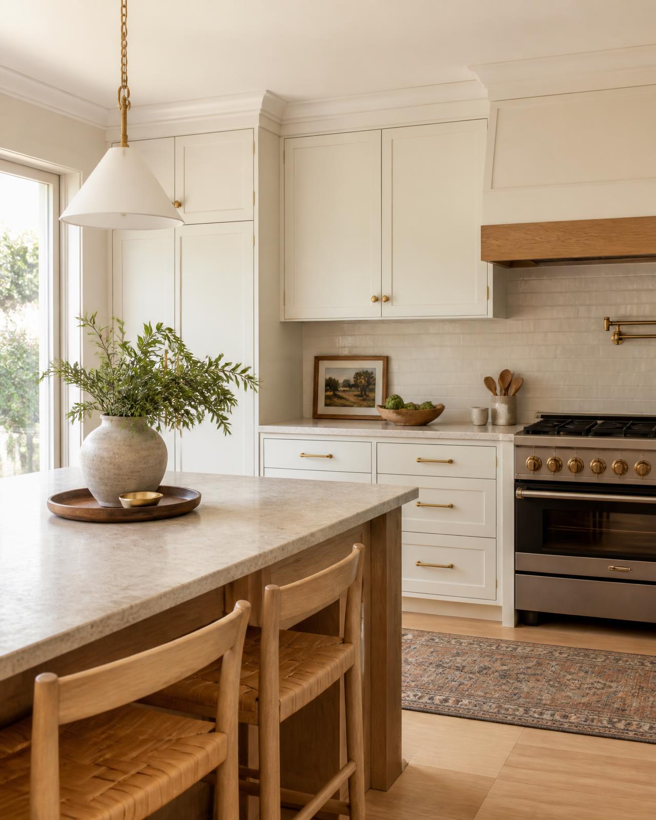 Bright kitchen with cream cabinetry, pale wood island and warm stone countertops in natural daylight